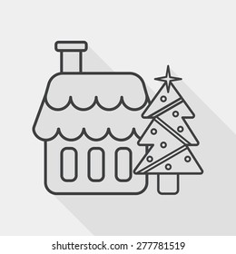 Xmas tree and house flat icon with long shadow, line icon