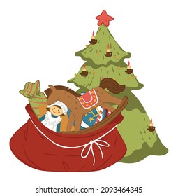 Xmas tree with lights and baubles, garlands and red star on top. Isolated evergreen pine with sack of present for children. Wooden rocking horse, doll, and candy sweets. Vector in flat style