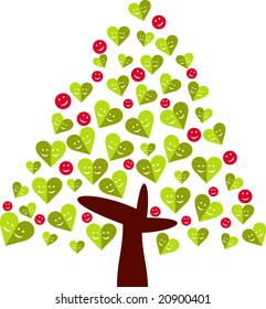 Xmas Tree of Love with leaves in form of the hearts and xmas spheres, both with happy faces