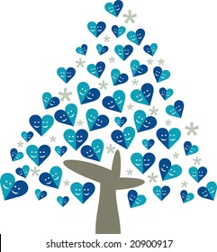 Xmas Tree of Love with leaves in form of the blue hearts and snowflakes, hearts with happy faces
