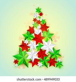 Xmas Tree made by colorful stars on snowflakes decorated background for Merry Christmas celebration.