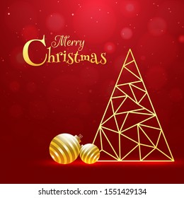 Árbol de Navidad hecho por un patrón geométrico de polígono con baudillos dorados sobre fondo de bokeh rojo para la celebración Feliz Navidad diseño de tarjeta de saludo.