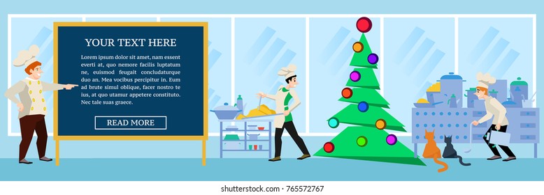 Xmas tree, menu text chalkboard and restaurant cook chef team celebrating Christmas or a new year and cooking, cartoon flat design vector illustration.