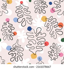 Xmas tree with multicoloured baubles linear sketchy drawing vector seamless pattern. Matisse inspired abstract spruce tree background. Merry Christmas Happy New Year print for gift wrapping paper.