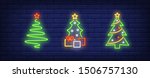 Xmas tree neon sign set. New Year, Christmas, garland. Night bright advertisement. Vector illustration in neon style for banner, billboard