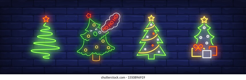 Xmas tree neon sign set. New Year, Christmas, garland. Night bright advertisement. Vector illustration in neon style for banner, billboard