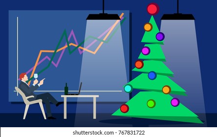 Xmas tree and office team boss celebrating Christmas, cartoon flat design vector illustration.