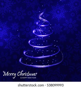  Xmas tree on snowflakes background.Blue color.Vector illustration