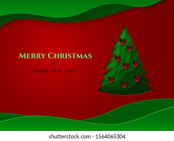 Xmas tree with red balls. New Year poster, banner, postcard, invitation. Background in paper cut style. Vector.