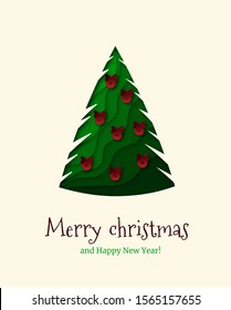 Xmas tree with red balls. New Year poster, banner, postcard, invitation. Background in paper cut style. Vector.