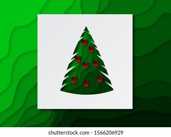 Xmas tree with red balls. New Year poster, banner, postcard, invitation. Background in paper cut style. Vector.