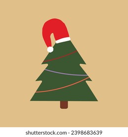 X-mas tree with red hat. Symbol of New Year. Christmas time card.