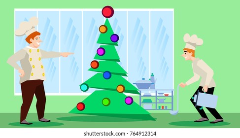 Xmas tree and restaurant cook chef celebrating Christmas or a new year and cooking, cartoon flat design vector illustration.