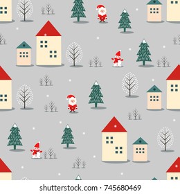 Xmas tree, Santa Claus, houses and  snowman seamless pattern on grey background. Vector holidays illustration for new year and Christmas. Cartoon style. Design for fabric, textile, wallpaper and decor