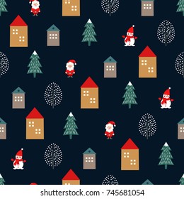 Xmas tree, Santa Claus, houses and cute snowman seamless pattern on dark blue background. Vector holidays illustration for new year and Christmas. Design for fabric, textile, wallpaper and decor