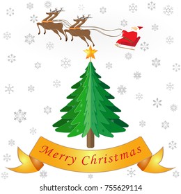 Xmas tree, Santa Claus on Sleigh Reindeer and snowflake on red background as Merry Christmas, paper art and craft style concept. vector illustration