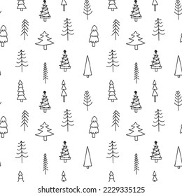 Xmas tree seamless pattern. Cozy winter, merry christmas, happy new year holiday background. Handdrawn doodle vector illustration in black and white.