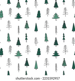 Xmas tree seamless pattern. Cozy winter and merry christmas holiday background. Handdrawn doodle vector illustration.