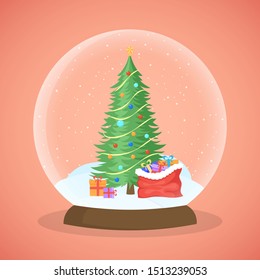 Xmas tree snow ball vector illustration. Crystal glass globe, Christmas toy, New Year decoration on pink background. Holiday spirit decor element, present idea, congratulation concept