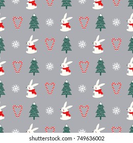 Xmas tree, snowflakes, rabbit, candy canes heart seamless pattern on grey background. Happy New Year and Merry Xmas background. Vector design for textile, wrapping paper, fabric, card.