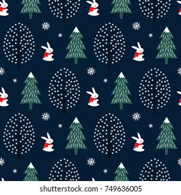 Xmas tree, snowflakes, rabbit seamless pattern on dark blue background. Happy New Year and Merry Xmas nature background. Vector  winter design for textile, wrapping paper, fabric, card.