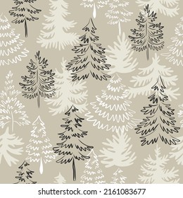 Xmas tree spruce pine fir minimalistic linear sketchy drawing vector seamless pattern. Vintage Winter forest background. Merry Christmas Happy New Year Holiday season print for gift wrapping paper.