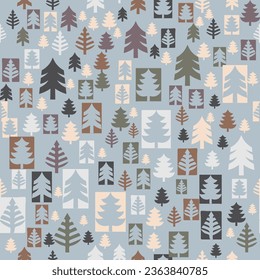 Xmas Tree Spruce Pine Simple Cartoon Flat Style, Vector Seamless Pattern, Winter Forest Background, Merry Christmas, Happy New Year, Holiday Season Print for Gift Wrapping Paper