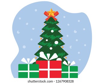 X-Mas tree with star, new year gifts packs vector illustration