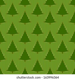 xmas tree with thin gold outline on striped green seamless pattern