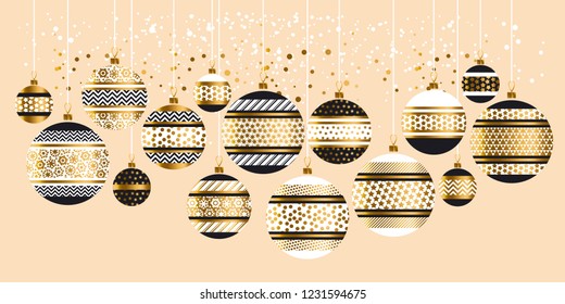 Xmas tree toy balls. Christmas and new year beige luxury decorative baubles pattern for header, card, invitation, poster, cover and other web and print design projects. 