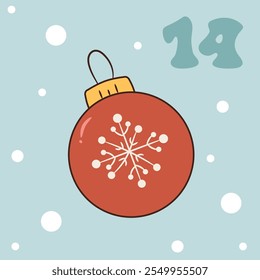 Xmas tree toy with snowflake isolated on blue background. Christmas advent calendar design, day 14. Vector groovy style illustration