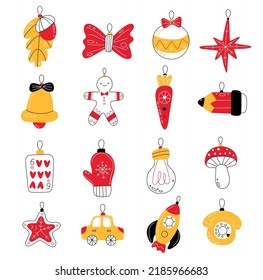 Xmas tree toys. Different new year decorative isolated elements, christmas fancy trinkets, festive accessories, holiday cute objects, doodle style ball, bow and bell, swanky vector set