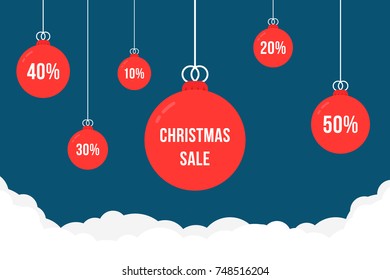 xmas tree toys like christmas sales or discount. concept of 30, 20 or 15 percent rate and gift voucher decoration. flat style trend logo graphic sticker or brochure design template isolated on blue