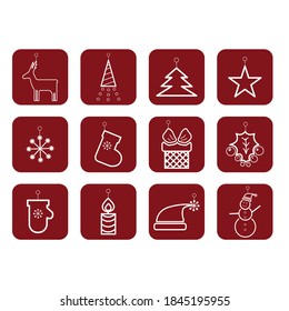 Xmas Tree toys line vector icon set
