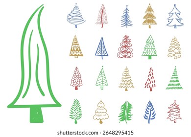 Xmas tree vector set. Cartoon gift and festive ornament with happy green fir. Traditional winter decoration for new year celebration. Cute drawing with star, poinsettia and branch design.

