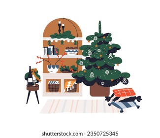 Xmas tree and winter holiday decorations at cozy home interior. Decorated Christmas fir with ornaments, candles on shelf. New Year festive decor. Flat vector illustration isolated on white background