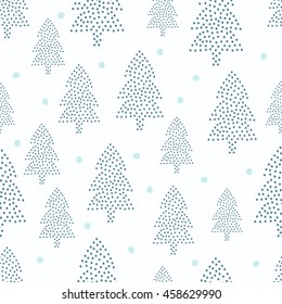 Xmas trees and snow pattern on white background. Happy New Year nature seamless background. Forest design for winter holidays. Vector winter holidays print for textile, wallpaper, fabric, wallpaper.