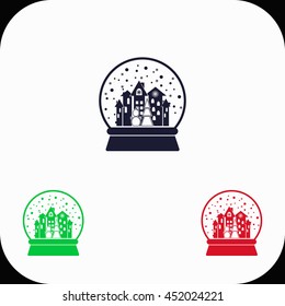 Xmas Tree,Town and Snowman Snow Ball Illustration set. Blue, green, red icon.