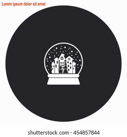 Xmas Tree,Town and Snowman Snow Ball web icon. Gray circle button with white illustration.