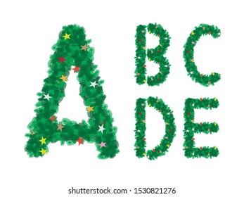 Xmas uppercase text green pine branch isolated on white background. Christmas tree bush font design capital letters with colorful star decoration.