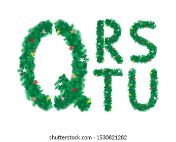 Xmas uppercase text green pine branch isolated on white background. Christmas tree bush font design capital letters with colorful star decoration.