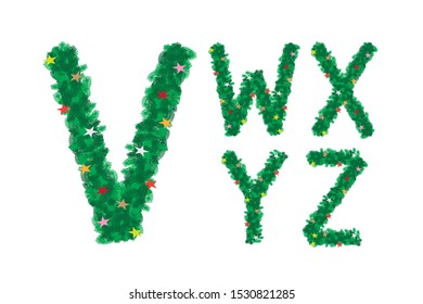 Xmas uppercase text green pine branch isolated on white background. Christmas tree bush font design capital letters with colorful star decoration.