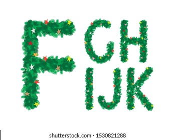 Xmas uppercase text green pine branch isolated on white background. Christmas tree bush font design capital letters with colorful star decoration.