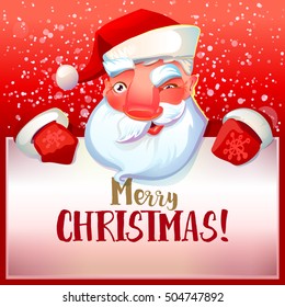 Xmas vector card with funny Santa Claus. Vintage Holidays card design with Santa winks and Merry Christmas typography on red background