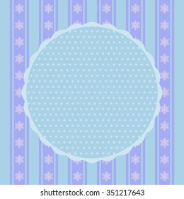 Xmas vector card template with stripes, snowflakes and frilled frame. Violet, white and blue flat graphic winter texture for textile. Cute pastel background for Christmas and New Year card design.