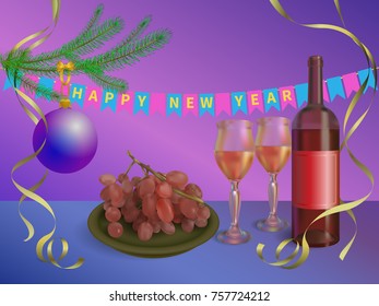 Xmas vector concept illustration - red wine bottle with glasses and grapes