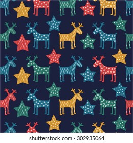 Xmas vector illustration. Colorful seamless Christmas pattern -  reindeer and stars. Vector design for winter holidays on dark blue background. Child drawing style scandinavian concept card.
