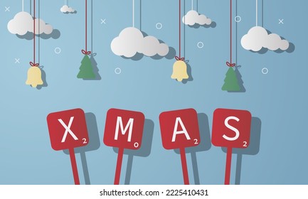 xmas vector illustration. merry christmas cloud bell tree in paper cut style. happy new year. perfect for presentations, banners, social media, greeting cards