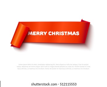 Xmas Vector Illustration. Paper Roll For Advertising. Very Merry Christmas Red Realistic Curved Paper Ribbon Scroll Banner Isolated On White Background. Detailed Roll Paper Ribbon For Web, Sale Promo.