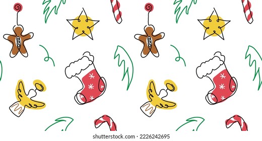 Xmas vector pattern  Christmas decorations and sock  candy cane  star  angel  gingerbread man  One continuous line art drawing pattern 